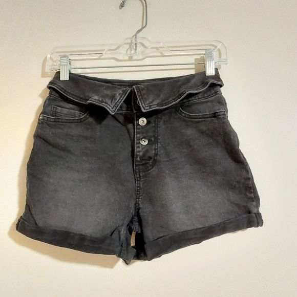 High rise button fly black fold down waist jean shorts - Picture 1 of 4